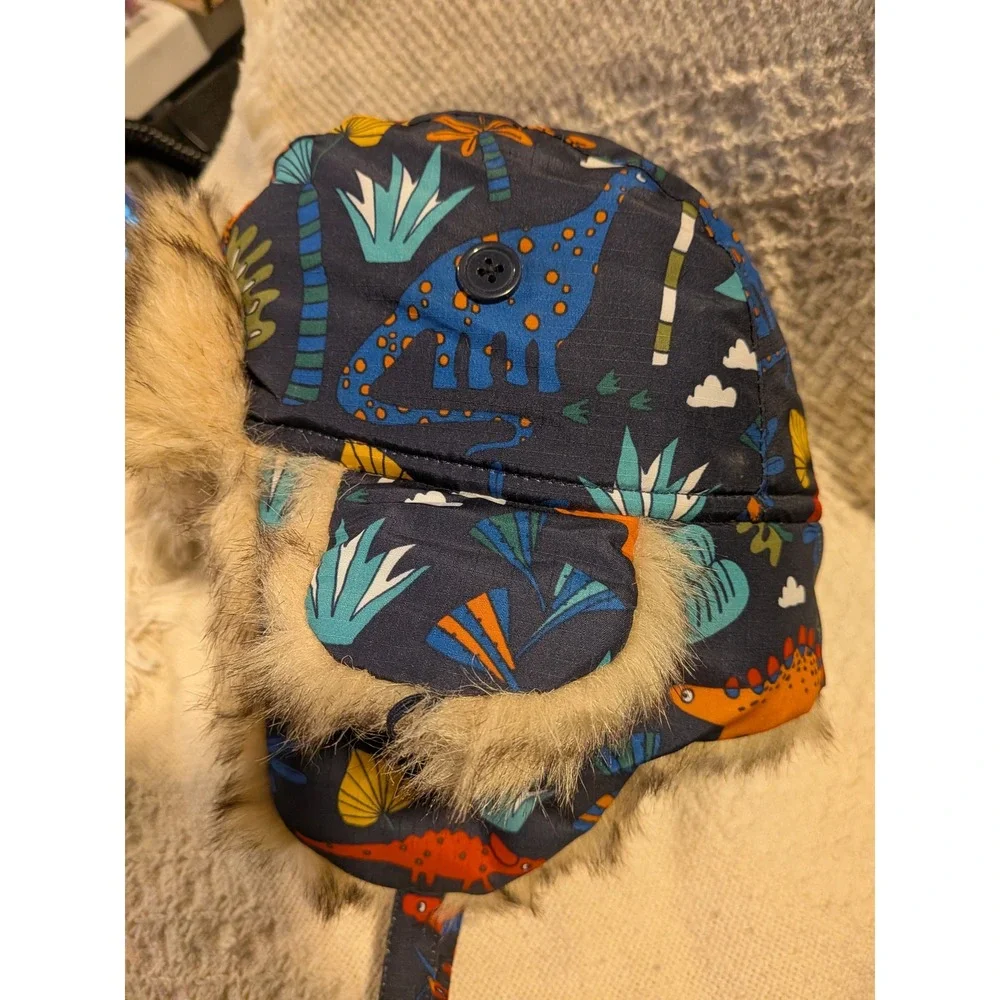 The Children's Place Dinosaur Trapper Hat Faux Fur Lined Ear Flaps Large 4T-5T